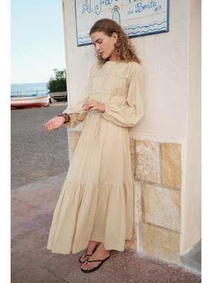 MANUKA Sarı Büzgülü Uzun Kol Elbise Pastel