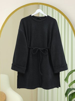 Podyumplus Antrasit Kolu Katlı Beli Bağlamalı Yırtmaçlı Selanik Tunik