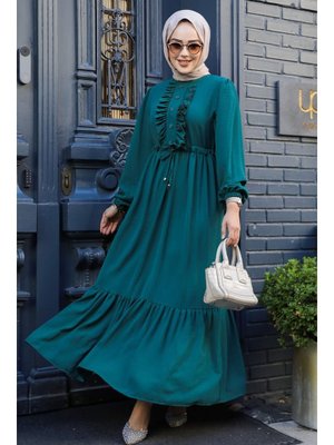 Neva Style Fırfır Detaylı Zümrüt Yeşili Elbise 6731zy