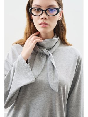 MANUKA Gri Melanj Yüksek Yaka Bağlamalı Bluz