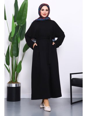 İmaj Butik Siyah Kuşaklı Üç İplik Elbise