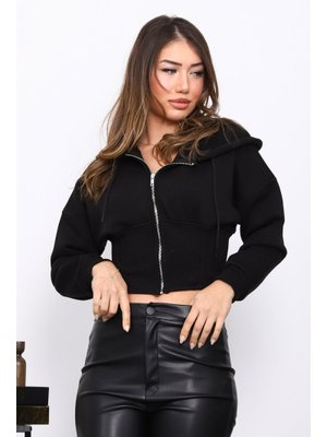 İmaj Butik Siyah Bel Korseli Üç İplik Fermuarlı Sweat Hırka