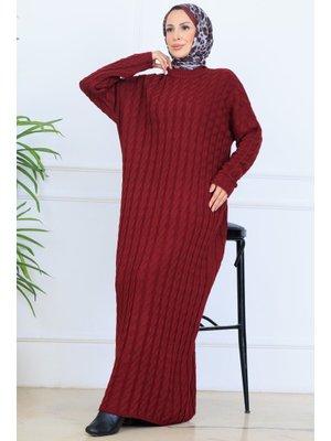 Benguen Bordo Örgü Desenli Triko Elbise