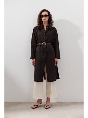 MANUKA Acı Kahve Keten Kemerli Uzun Tunik