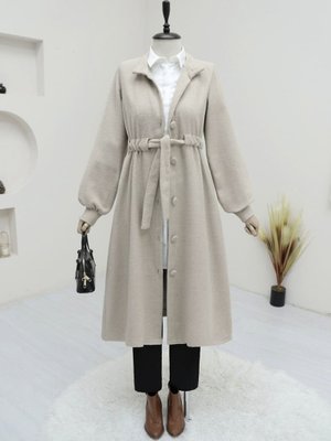 Podyumplus Taş Belden Bağlamalı Top Düğmeli Kaşe Kaban