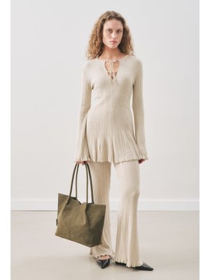 MANUKA Bej Volanlı Lastik Örgü Pantolon
