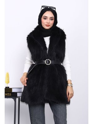İmaj Butik Siyah Bel Kemerli Çift Cepli Kürk Yelek