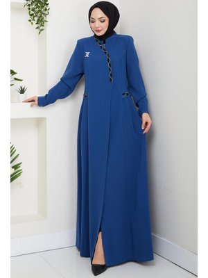 Hafsa Mina İndigo Broşlu Büyük Beden Ferace