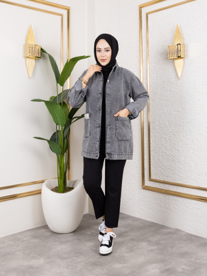 Harmatime butik Cepli Düğmeli Koyu Gri Kot Ceket