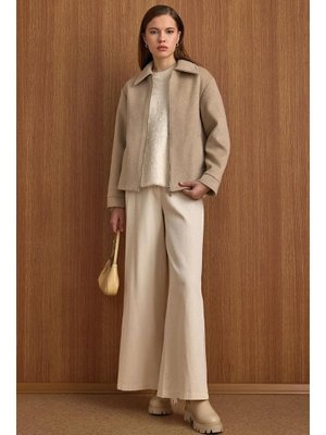 Olcay Fermuar Kapamalı Oversize Kısa Kaban Taş