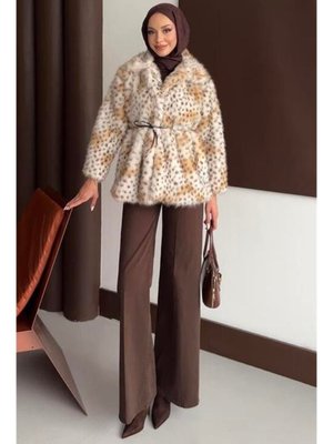 Podyumplus Karamel Desenli Premium Kürk Kaban