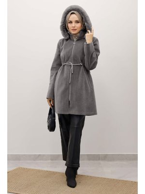Tesettür Dünyası Gri Kapüşonlu Fermuarlı Fox Kaban