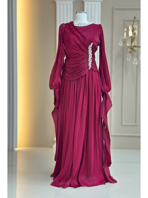 Amine Hüma Bordo Bade Abiye Elbise