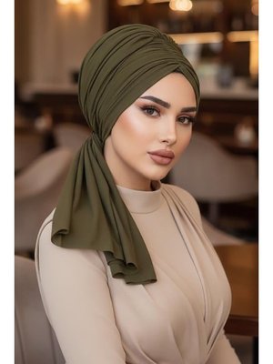 AİŞE TESETTÜR Haki Tokalı Abiye Bone Şal