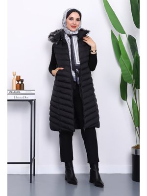 İmaj Butik Siyah Kapüşonlu Uzun Şişme Yelek