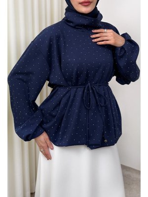 Salih Çelebi Lacivert Taş Detaylı Salaş Swit Bluz