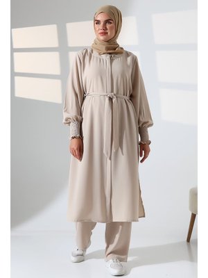 İhvanonline Krem Keten Hac Ve Umre Kıyafeti Kemerli İkili Takım