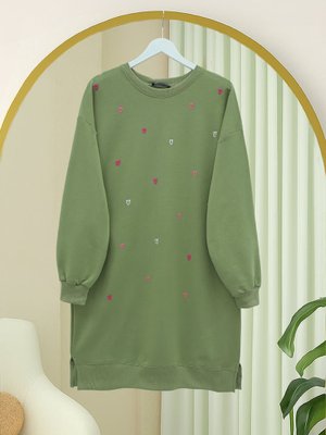 Podyumplus Çağla Y. Yuvarlak Yaka Kalp Desenli Penye Tunik