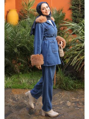 İmaj Butik Koyu Mavi Kol Yaka Kürklü Kot Ceket Pantolonlu Takım
