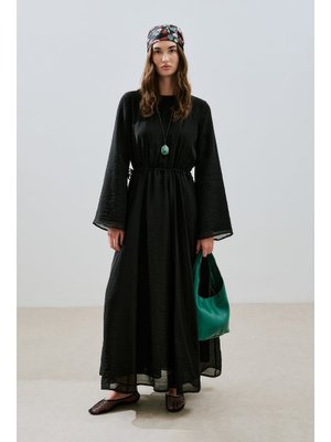 MANUKA Siyah Beli Ayarlamalı Uzun Elbise