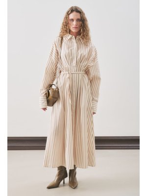 MANUKA Pile Detaylı Gömlek Elbise Bej Çizgili