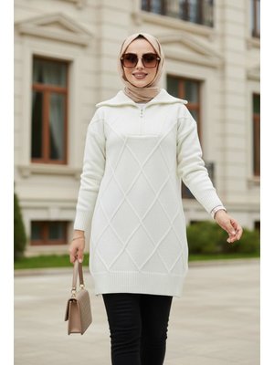Neva Style Baklava Detaylı Ekru Triko Kazak Tunik 83961e
