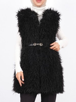 Podyumplus Siyah Kemerli Yan Cepli Kürklü Astarlı Yelek