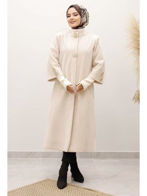 Tesettür Dünyası Bej Kol Ucu Triko Detaylı Angora Fox Kaban