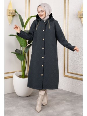 Tesettür Dünyası Antrasit Boydan Düğmeli Kapitone Kap