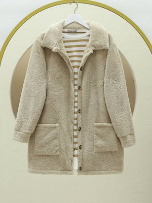 Podyumplus Açık Vizon Boydan Düğmeli Cepli Pelüş Ceket