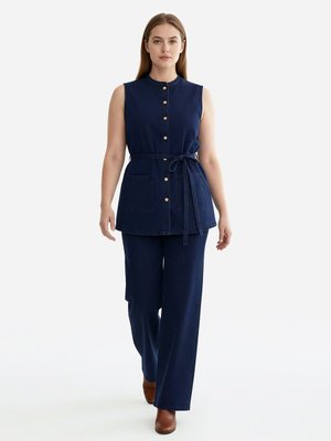 Alia Koyu Lacivert Denim Cep Detaylı Yelek & Pantolon Büyük Beden Takım