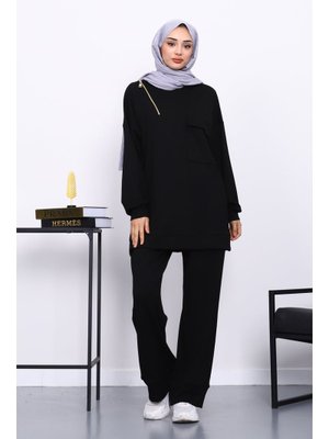 İmaj Butik Siyah Tek Cepli Tunik Pantolonlu Modal Takım