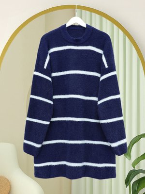 Podyumplus Laci Çizgili Salaş Sakallı Triko Tunik