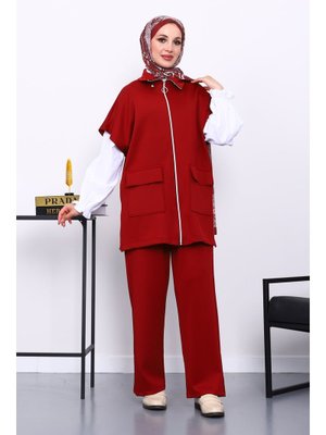 İmaj Butik Bordo Fermuarlı Yelek Pantolonlu Scuba Takım