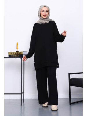 İmaj Butik Siyah Bisiklet Yaka Çıtçıt Detaylı Modal Takım