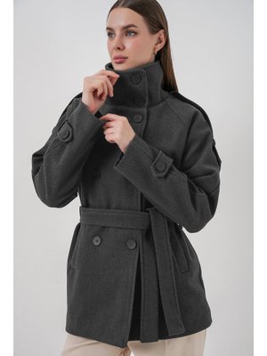 Bigdart Antrasit Kuşaklı Kaşe Kaban