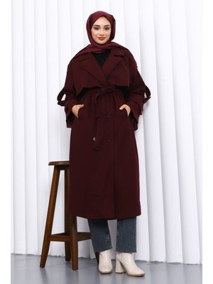 İmaj Butik Mürdüm Kravuze Yaka Astarlı Kaşe Kaban