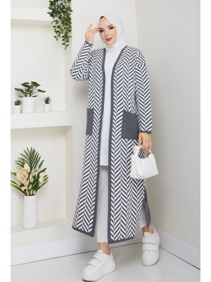 Pamuk Butik Zebra Desenli Çelik Örgü Cepli Triko Hırka