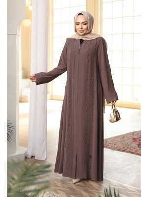Neva Style Boncuk İşlemeli Açık Kahverengi Abaya 29113akh
