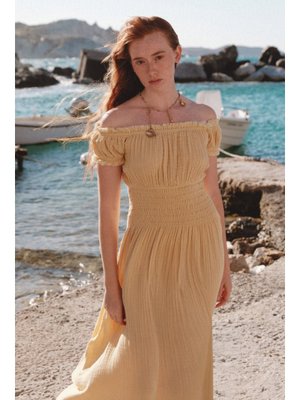 MANUKA Sarı Müslin Büzgülü Elbise