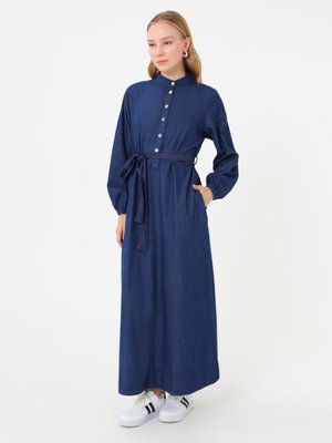 Refka Koyu Mavi Balon Kol Kuşaklı Elbise