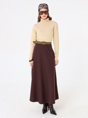 Refka Kahverengi Gabardin Kumaş A Form Klasik Etek