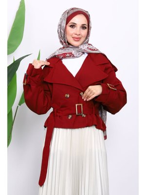 İmaj Butik Bordo Kruvaze Yaka Kemerli Kısa Trençkot