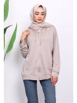 İmaj Butik Taş Kapüşonlu Fermuarlı Modal Sweat Hırka
