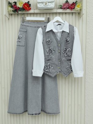 Podyumplus Gri Desenli Beli Lastikli Yelek Etek Kot Takım