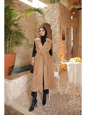 Bwest Bisküvi Belden Bağcıklı Kolsuz Uzun Kürk Yelek