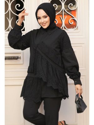 Neva Style Güpürlü Siyah Tunik 14221s