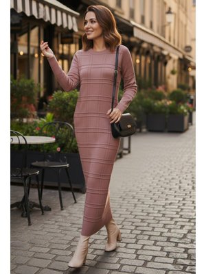 Benguen Gül Kurusu Desenli Uzun Triko Elbise