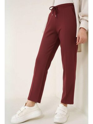 Benguen Bordo İp Detaylı Beli Lastikli Bilekte Pantolon