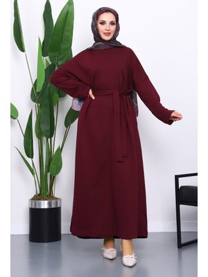 İmaj Butik Mürdüm Kuşaklı Üç İplik Elbise